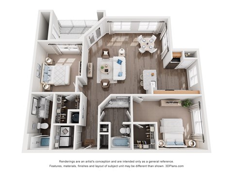Floor plan for 2 beds, 2 baths, 1277 sqft